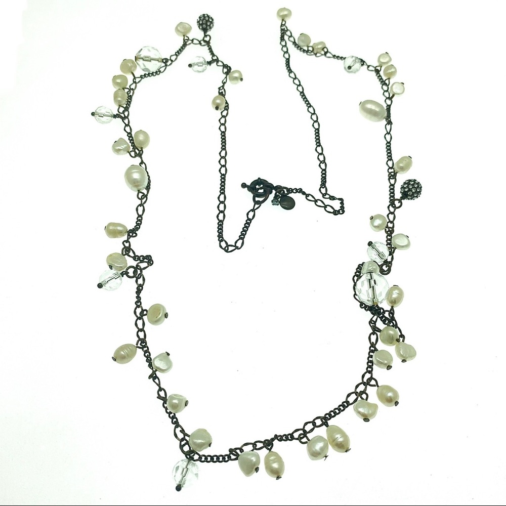 J Crew Freshwater Pearls Dangling  Necklace, Antiqued Copper, Glass Crystals